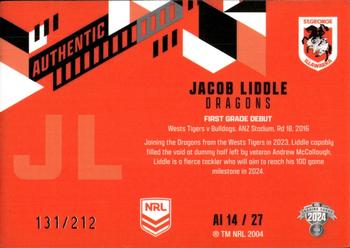 2024 NRL Traders Titanium - Authentics Initials #AI14 Jacob Liddle Back
